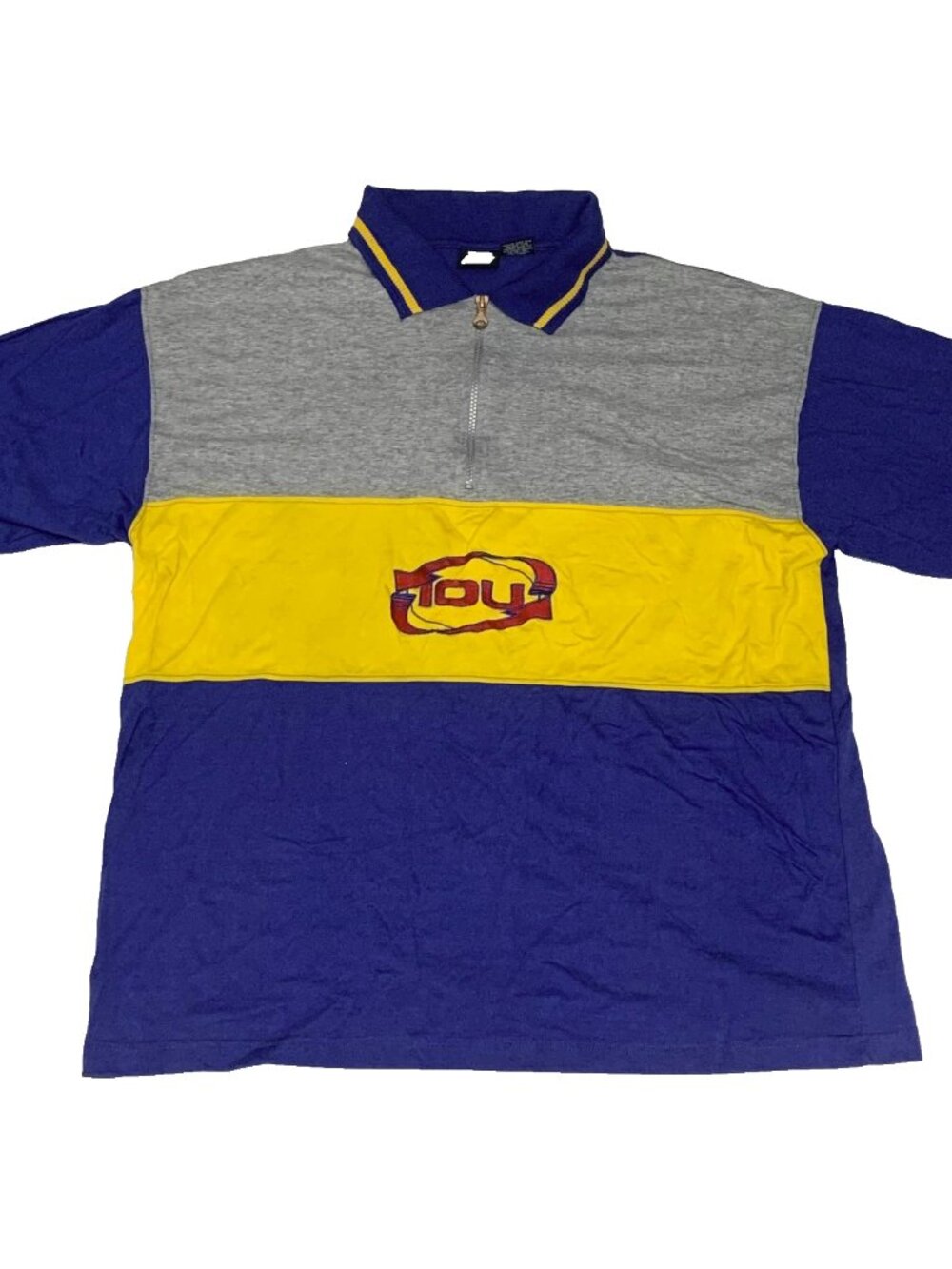 Vintage 90s IOU Quarter Zip Pullover Shirt Blue Yellow Gray Hip Hop Streetwear L